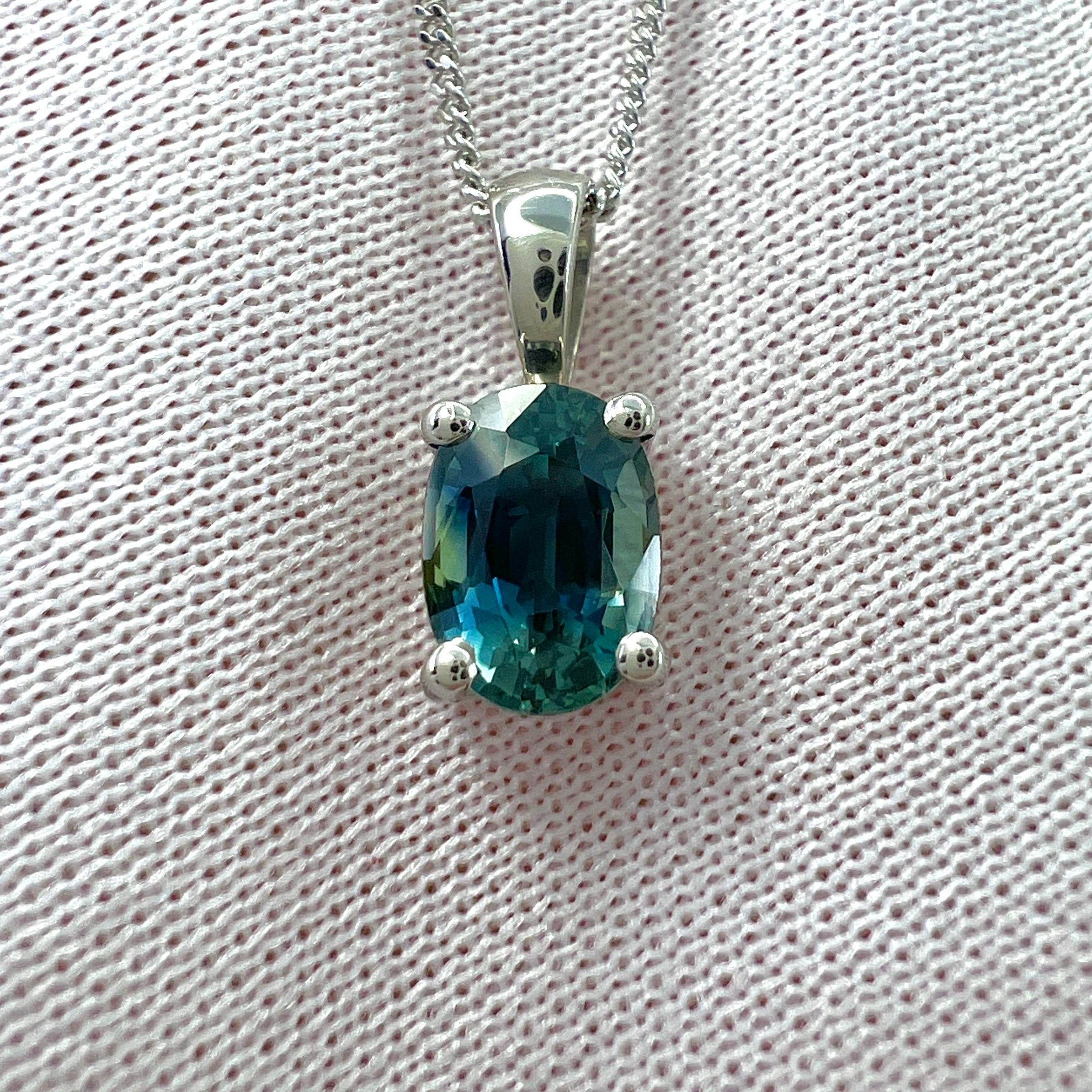 Collier pendentif solitaire de taille ovale en platine avec saphir bleu sarcelle et vert de 1,37 carat en vente 2