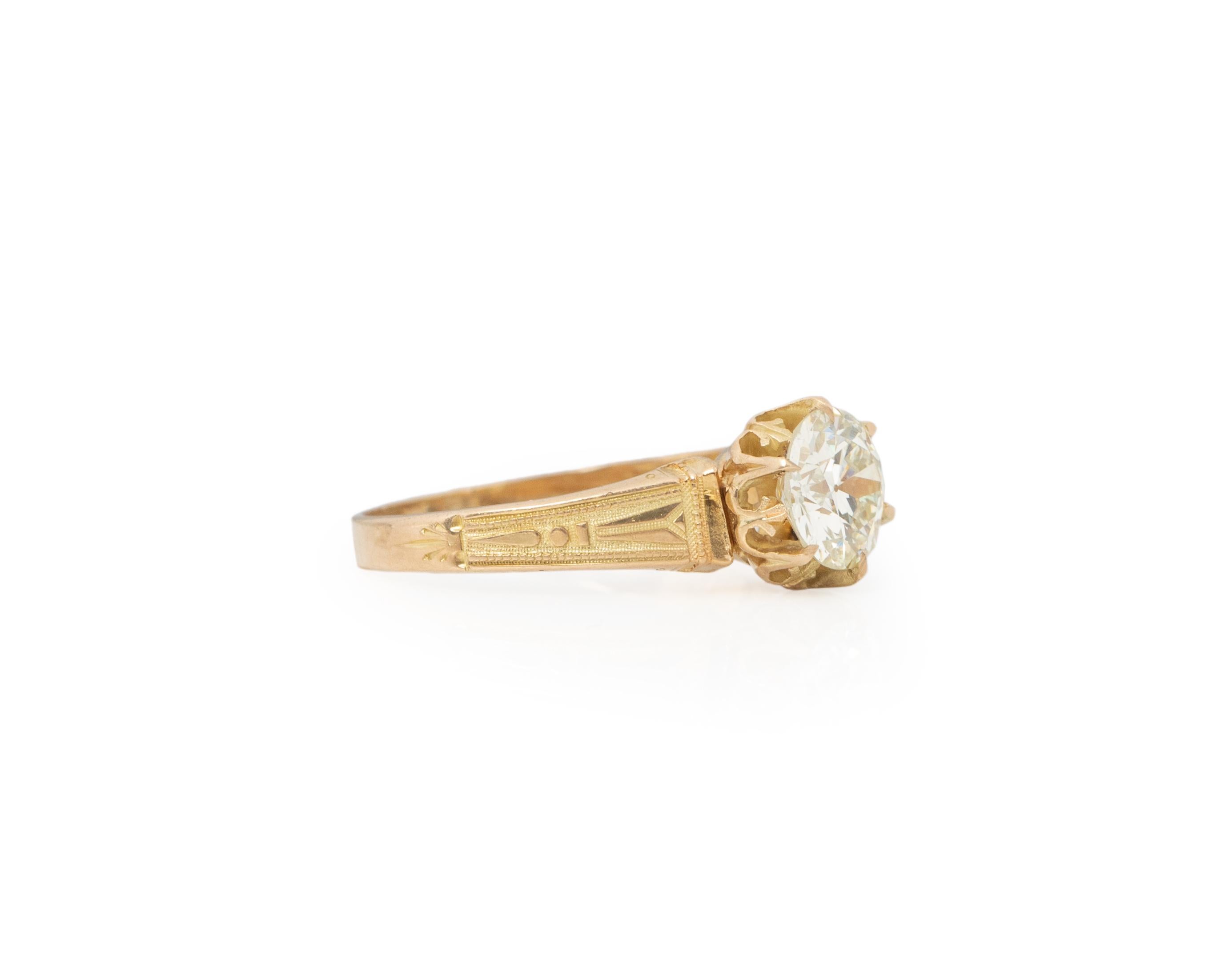 Ring Size: 8.25
Metal Type: 14K Yellow Gold [Hallmarked, and Tested]
Weight: 3.5 grams

*Inner Shank Engraved: April 2nd 1877

Center Diamond Details:
Weight: 1.37ct
Cut: Old European brilliant
Color: O/P Light Yellow
Clarity: VS1

Finger to Top of