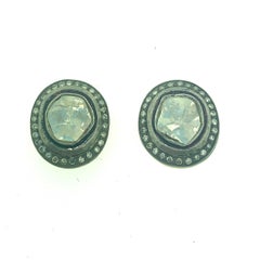 1.37 Ct Old Mine Cut 'Polki' Diamond Stud in Oxidized Sterling Silver and 14K