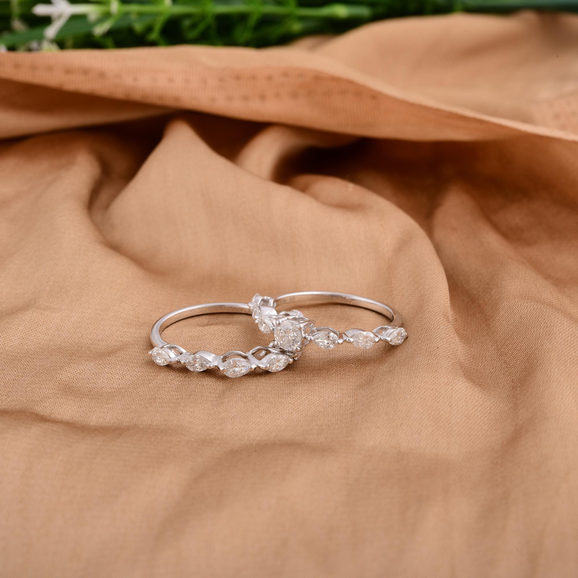 1.37 Ct. Round & Pear Diamond Ring Set 14 Karat White Gold Handmade Fine Jewelry For Sale 1