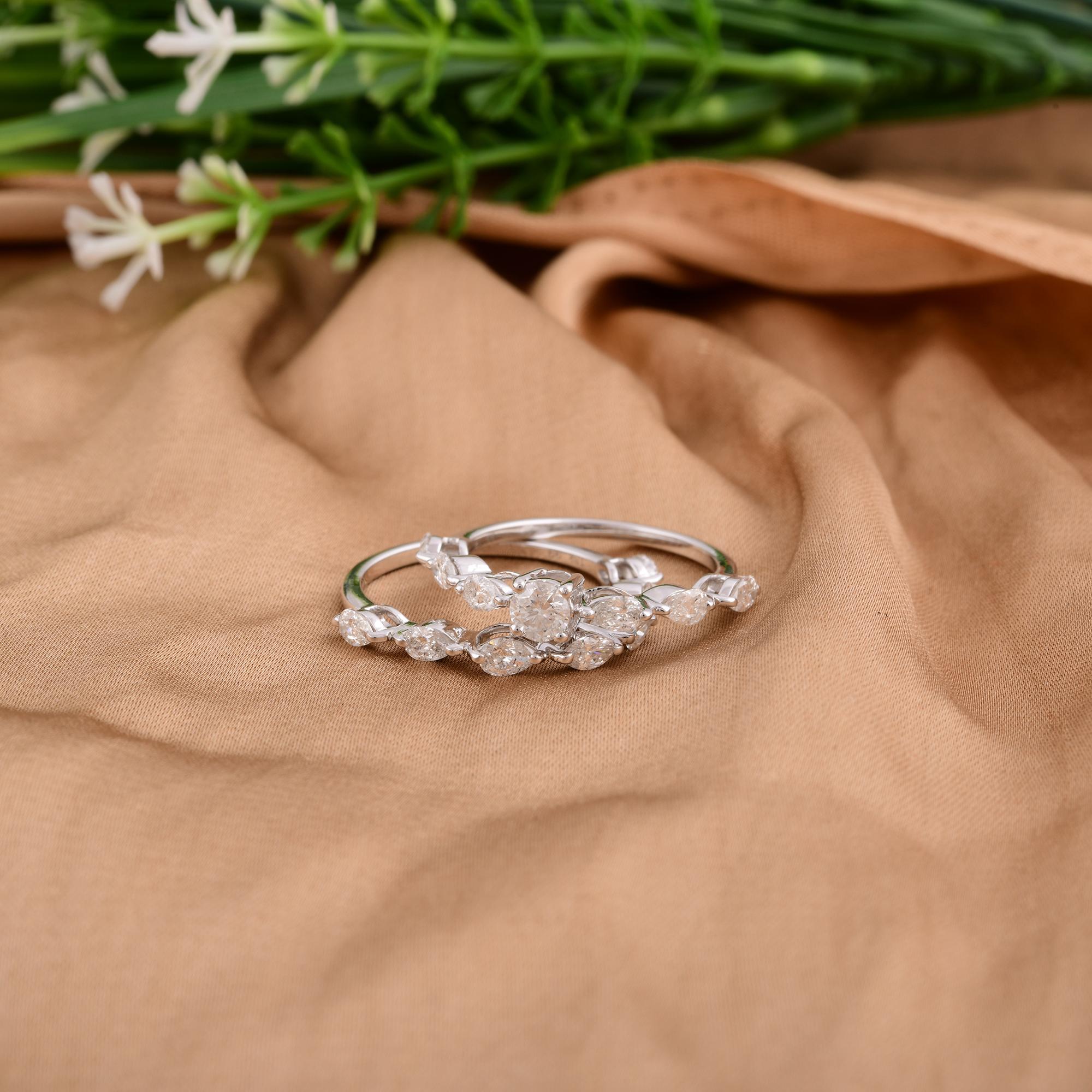 1.37 Ct. Round & Pear Diamond Ring Set 18 Karat White Gold Handmade Fine Jewelry For Sale 1