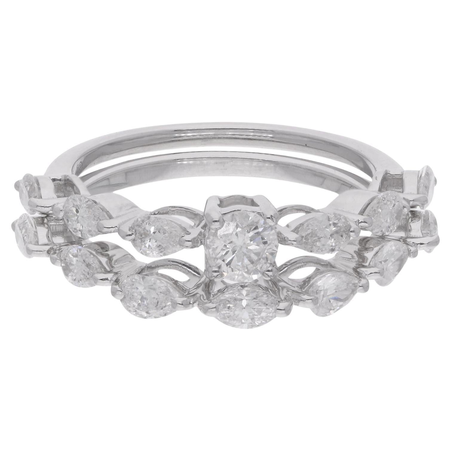 1,37 Ct. Anillo de diamantes redondo y pera en oro blanco de 18 quilates Joyería fina hecha a mano