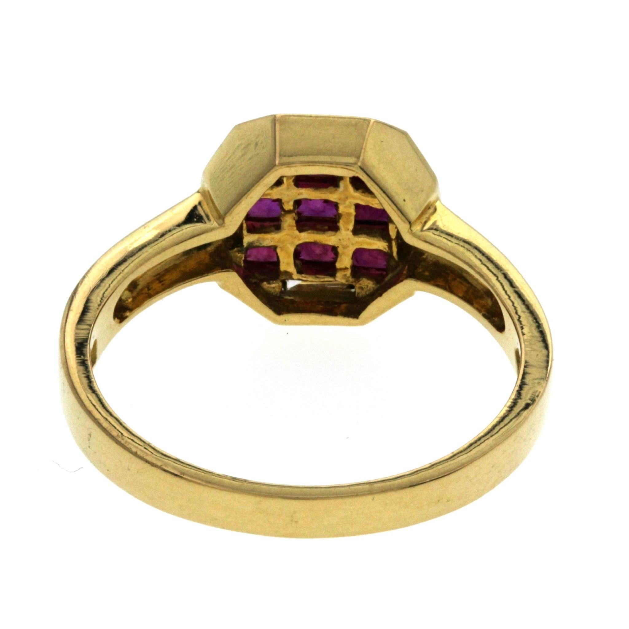 Women's 1.37 Carat Ruby and 0.15 Carat Diamonds 18 Karat Yellow Gold Band Ring For Sale