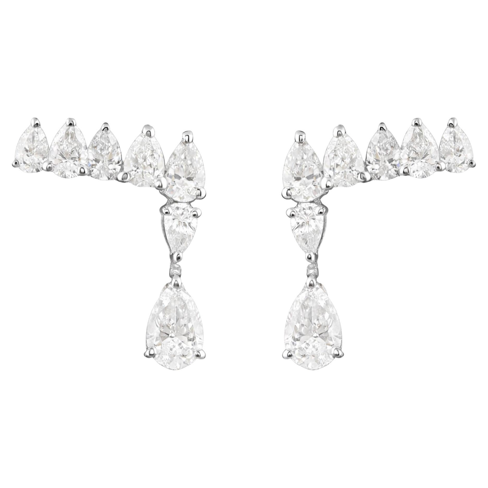 Pear Shape Natural Diamond Drop Earrings 1.37 Carats in 18K White Gold