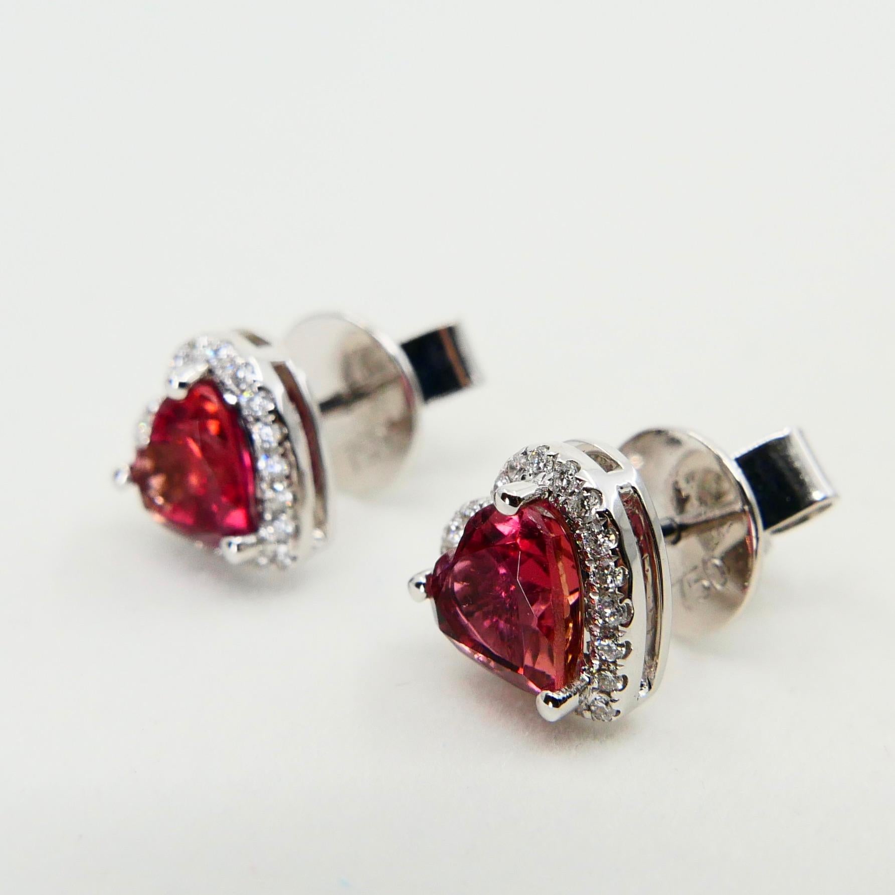 1.37 Carat Heart Shaped Vivid Pink Tourmaline and Diamond Stud Earring For Sale 1