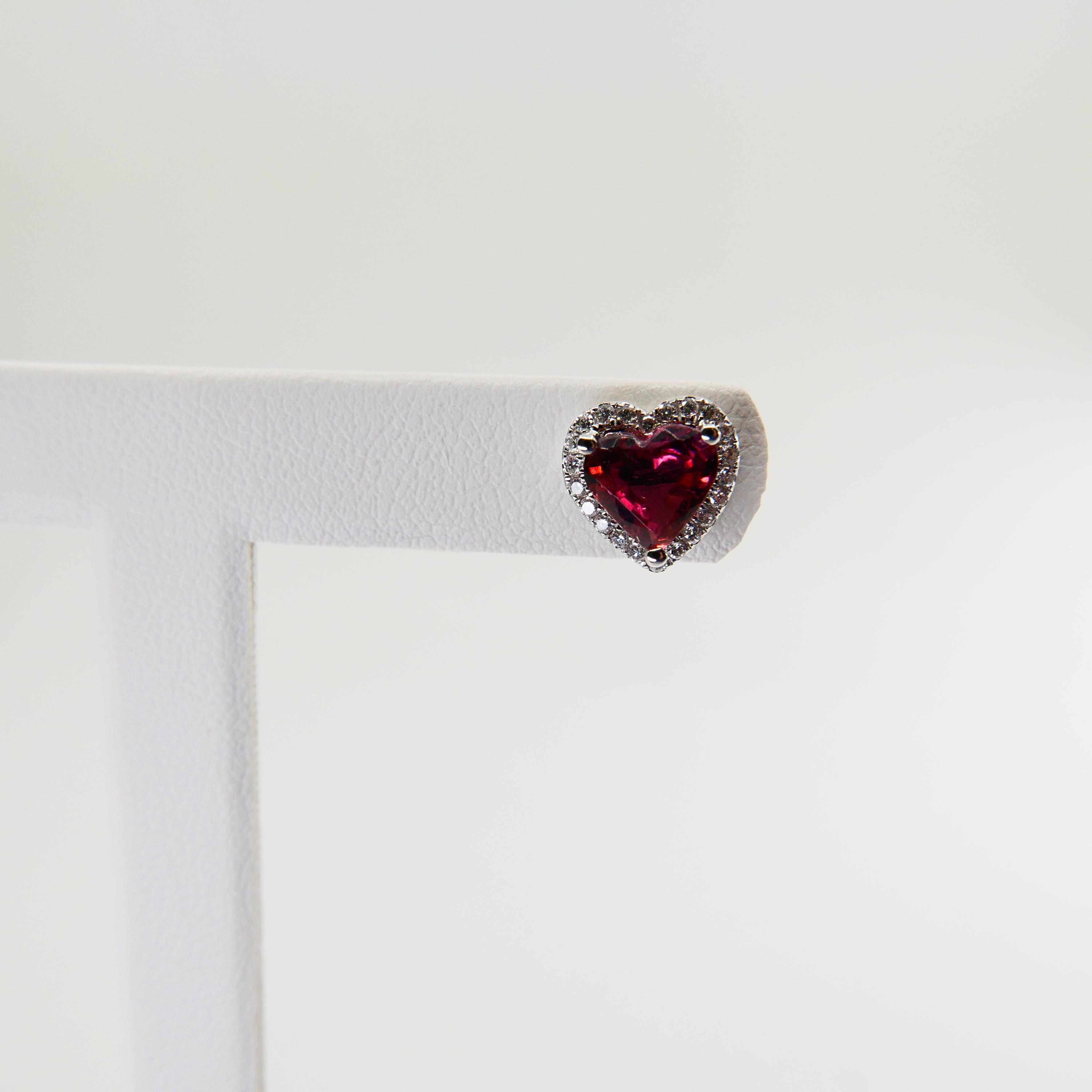 1.37 Carat Heart Shaped Vivid Pink Tourmaline and Diamond Stud Earring For Sale 2