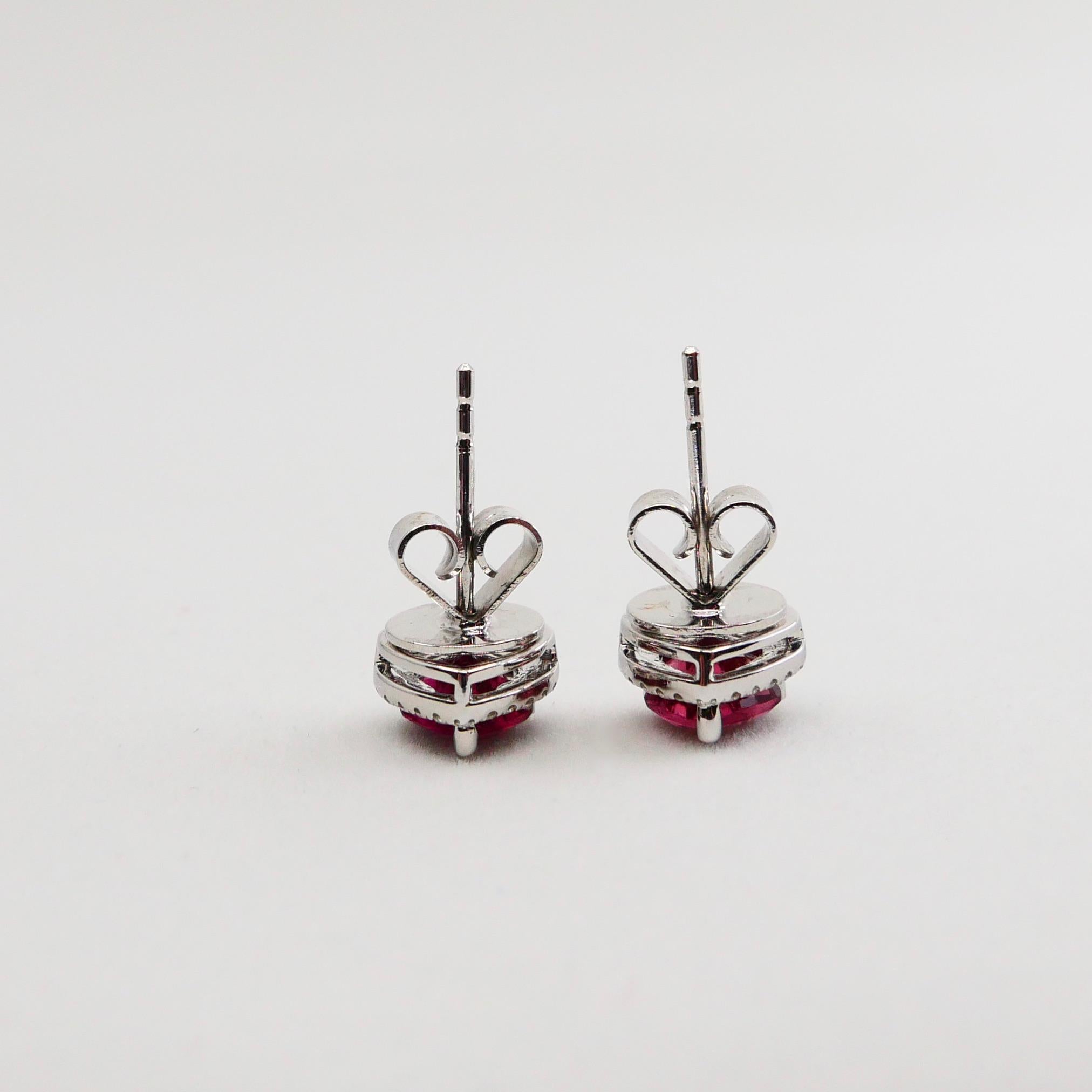 1.37 Carat Heart Shaped Vivid Pink Tourmaline and Diamond Stud Earring For Sale 3