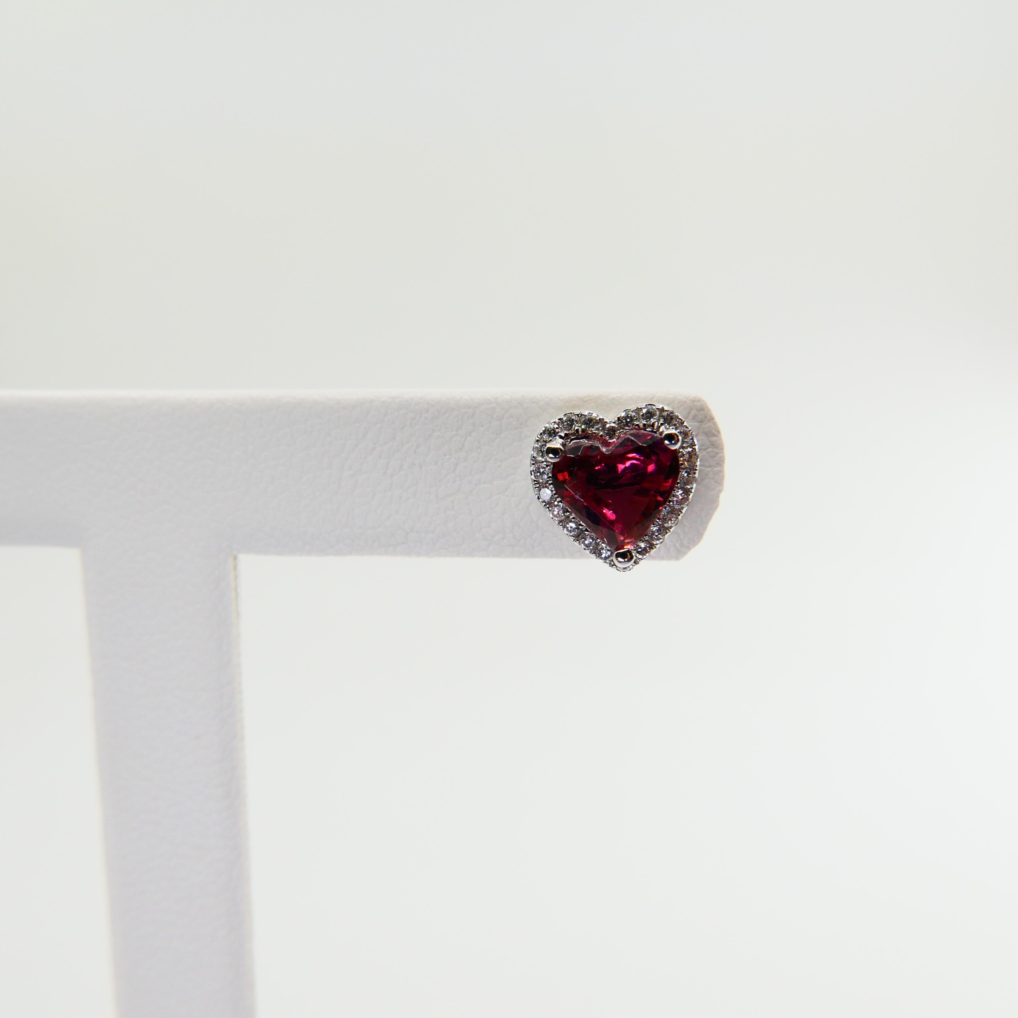 1.37 Carat Heart Shaped Vivid Pink Tourmaline and Diamond Stud Earring For Sale 4