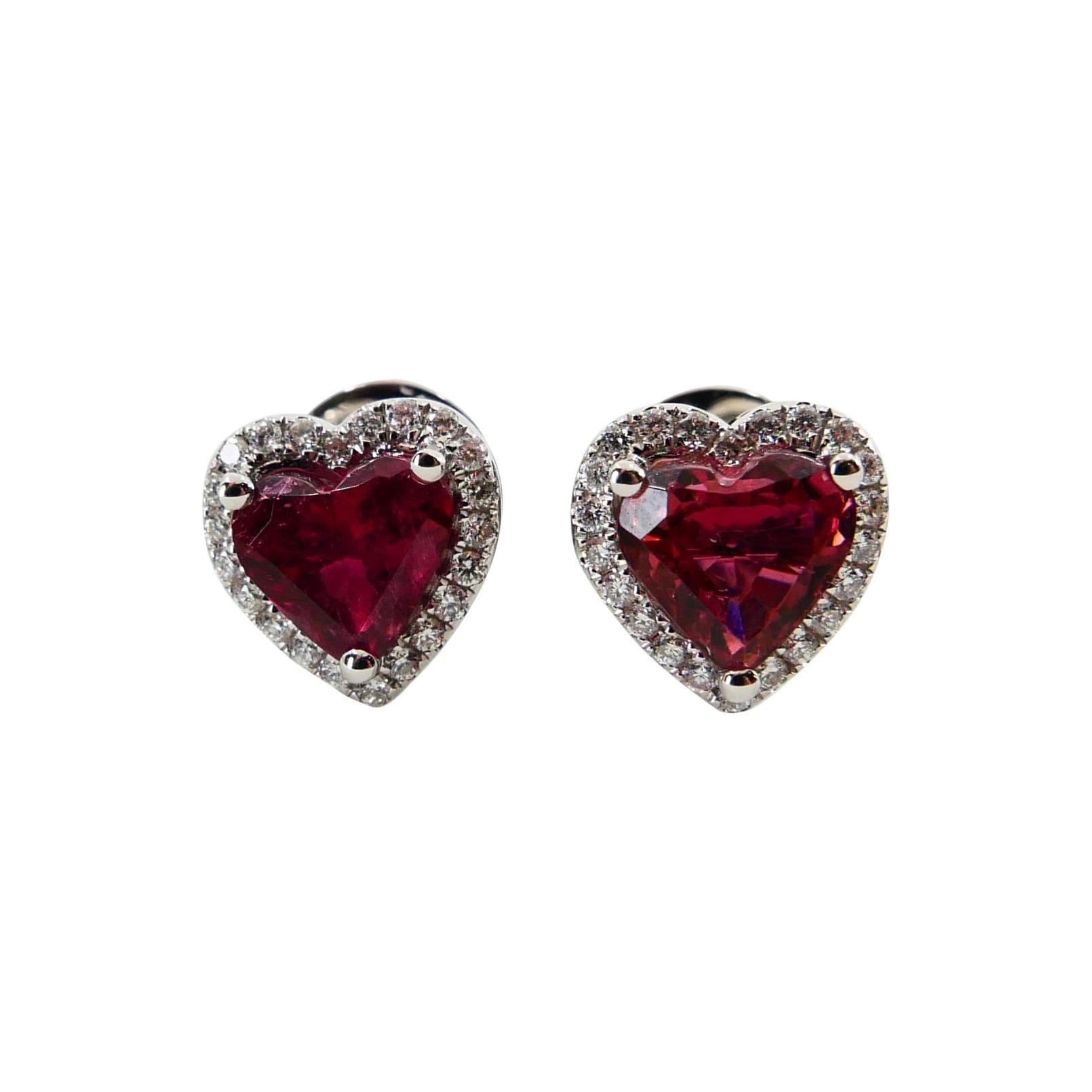 1.37 Carat Heart Shaped Vivid Pink Tourmaline and Diamond Stud Earring For Sale 5