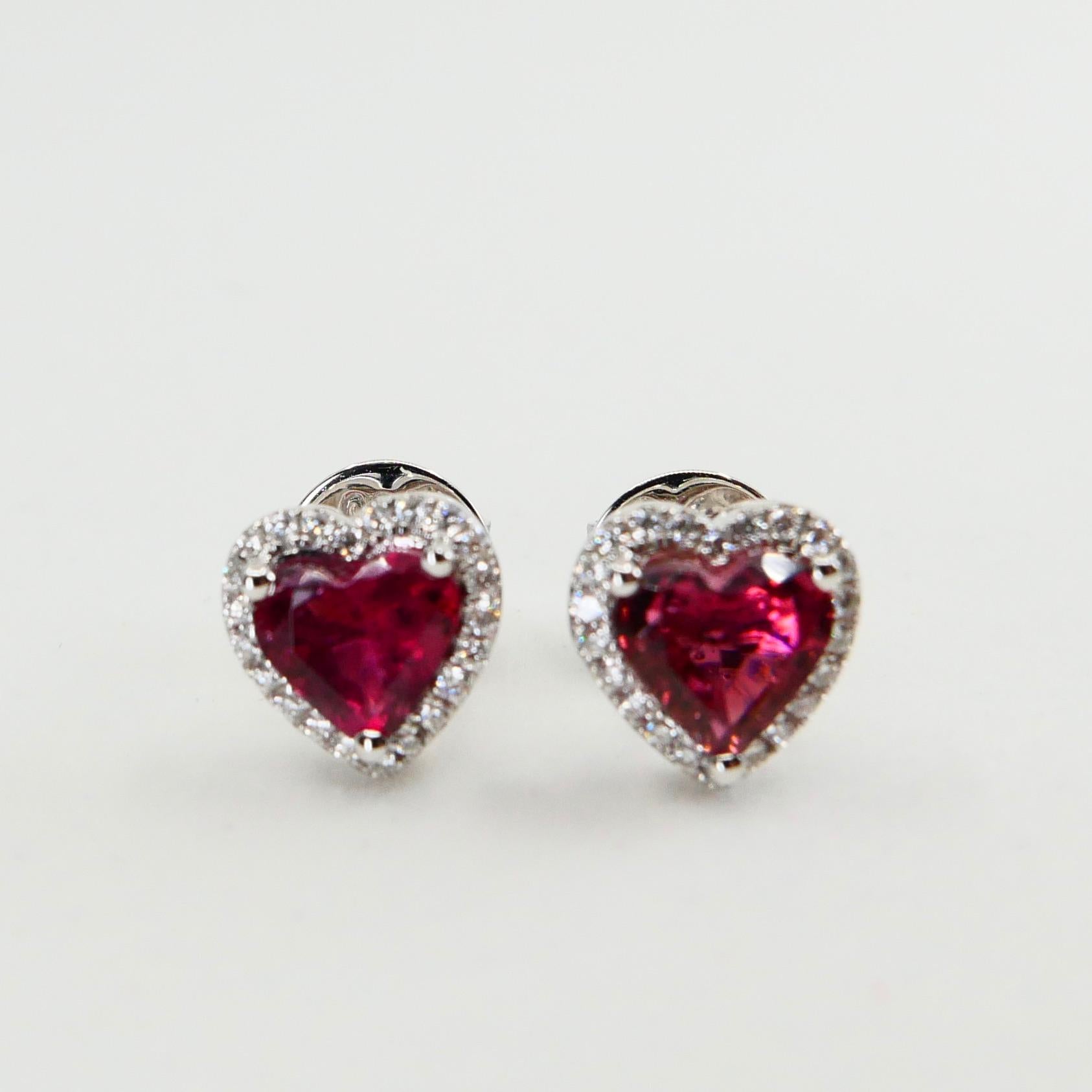 Modern Heart Shaped Vivid Pink Tourmaline 8.3mm & Natural Diamond Stud Earrings. For Sale