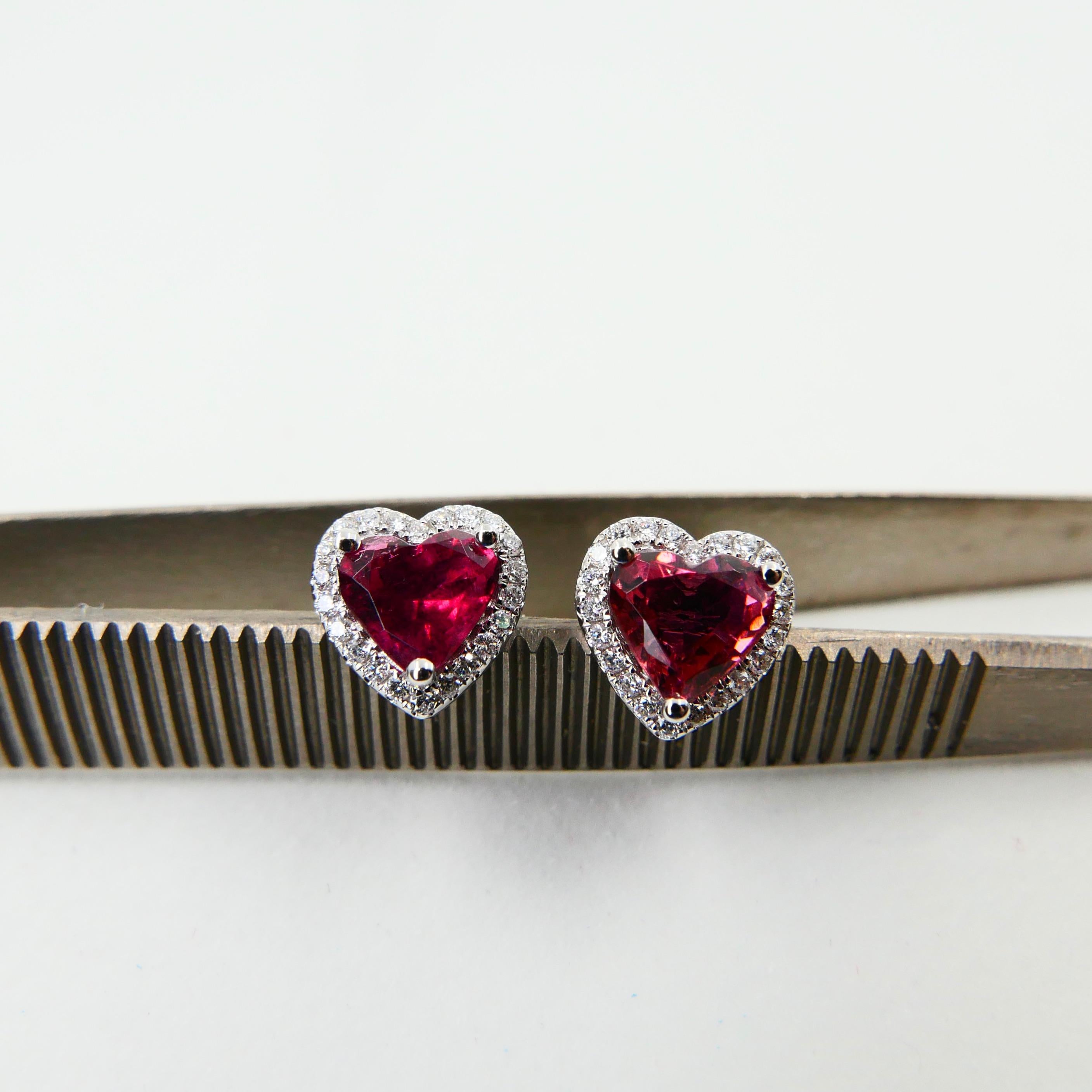 Heart Cut 1.37 Carat Heart Shaped Vivid Pink Tourmaline and Diamond Stud Earring For Sale