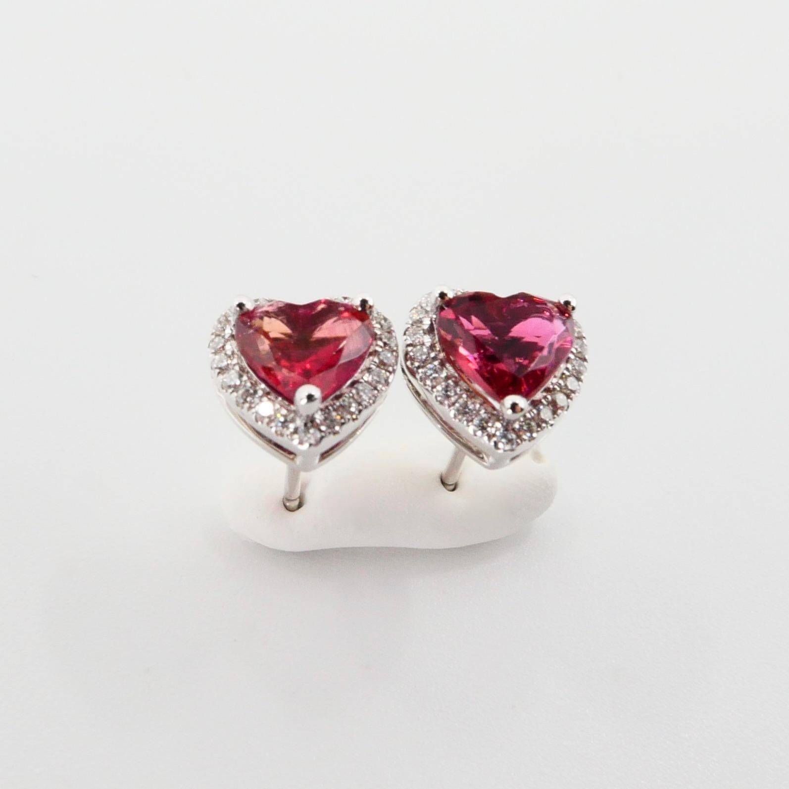 Heart Shaped Vivid Pink Tourmaline 8.3mm & Natural Diamond Stud Earrings. In New Condition For Sale In Hong Kong, HK
