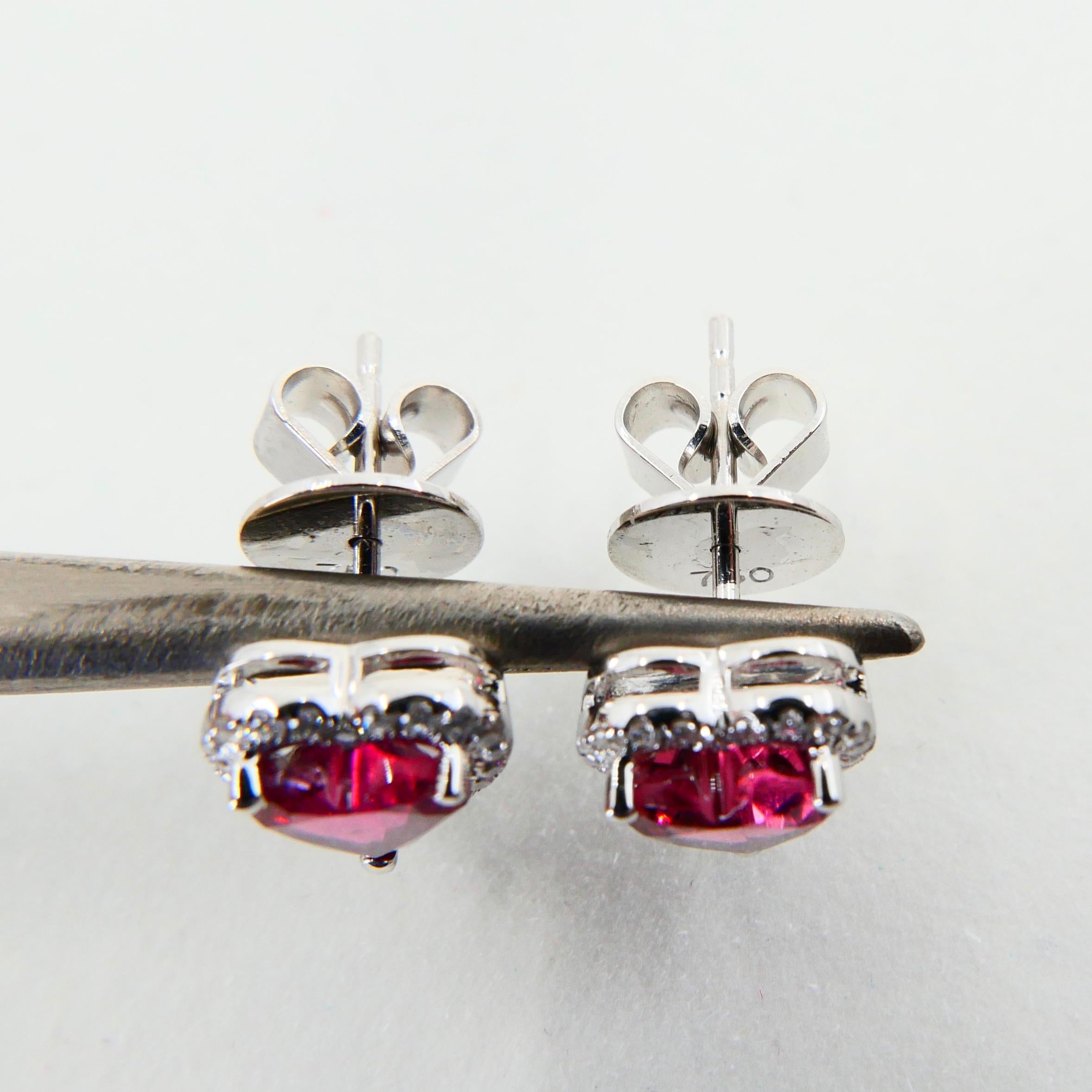 Women's 1.37 Carat Heart Shaped Vivid Pink Tourmaline and Diamond Stud Earring For Sale