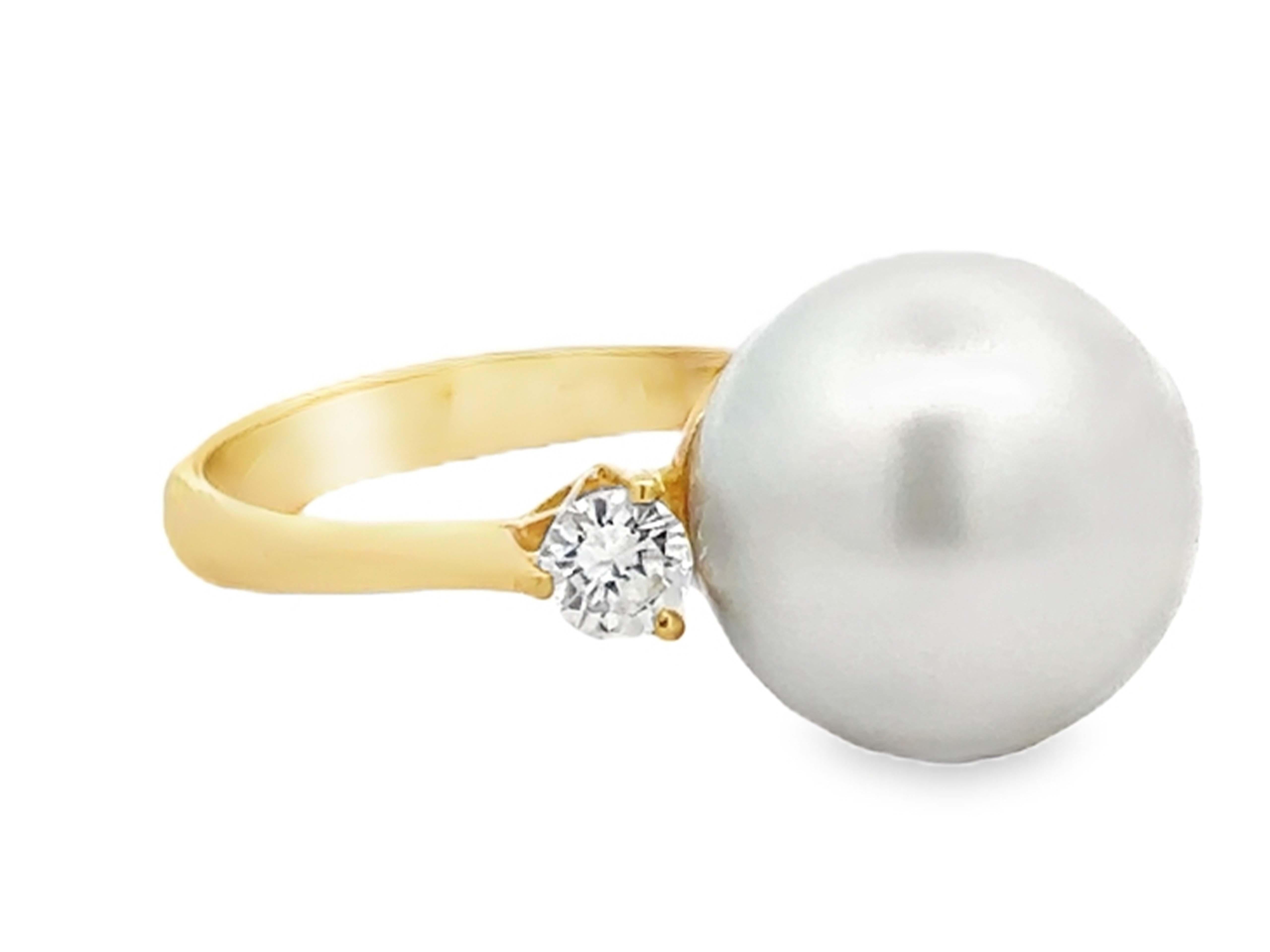 Modern 13.7 MM South Sea Pearl 2 Diamond Ring 18k Yellow Gold For Sale