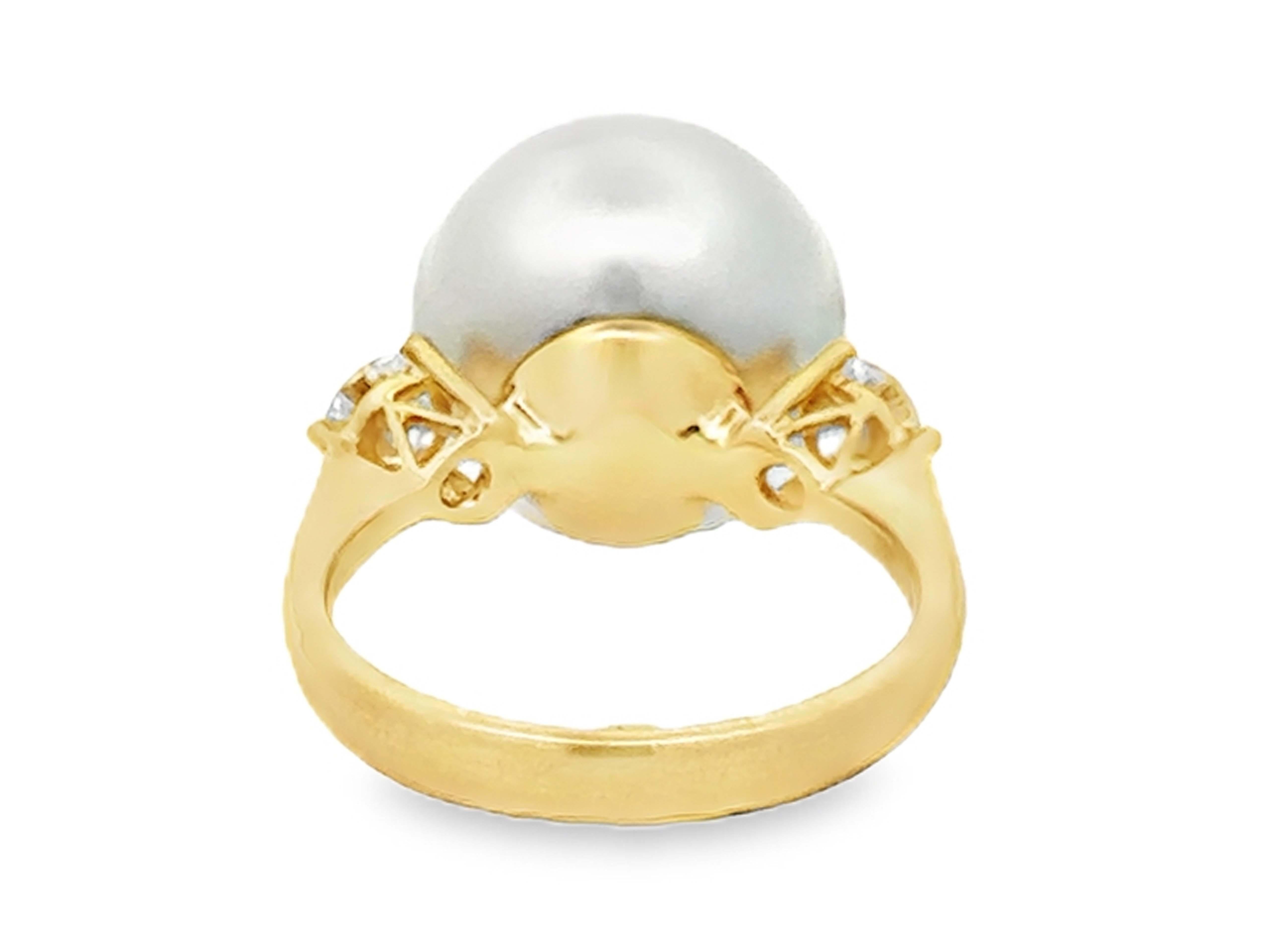 13.7 MM South Sea Pearl 2 Diamond Ring 18k Yellow Gold For Sale 1