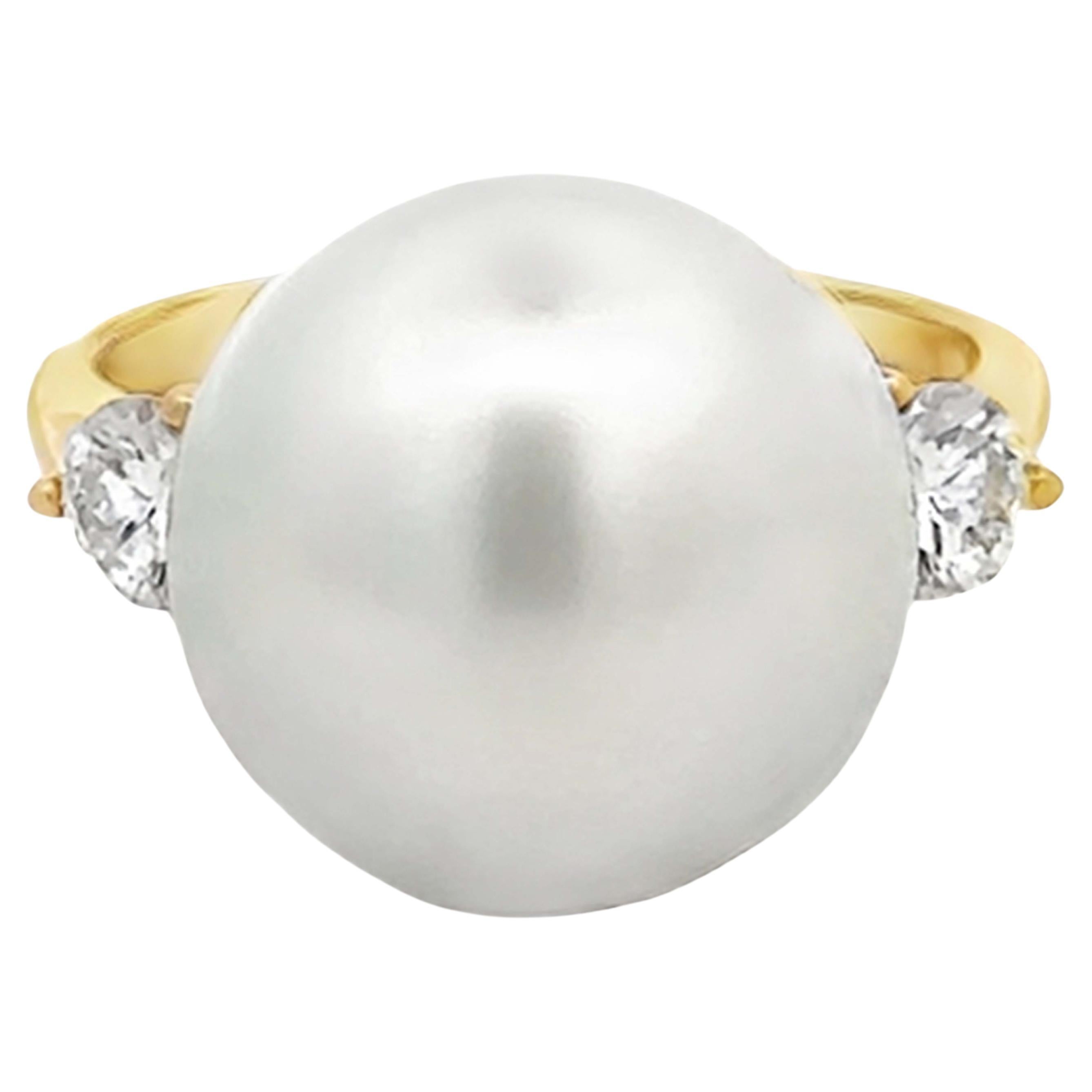 13.7 MM South Sea Pearl 2 Diamond Ring 18k Yellow Gold
