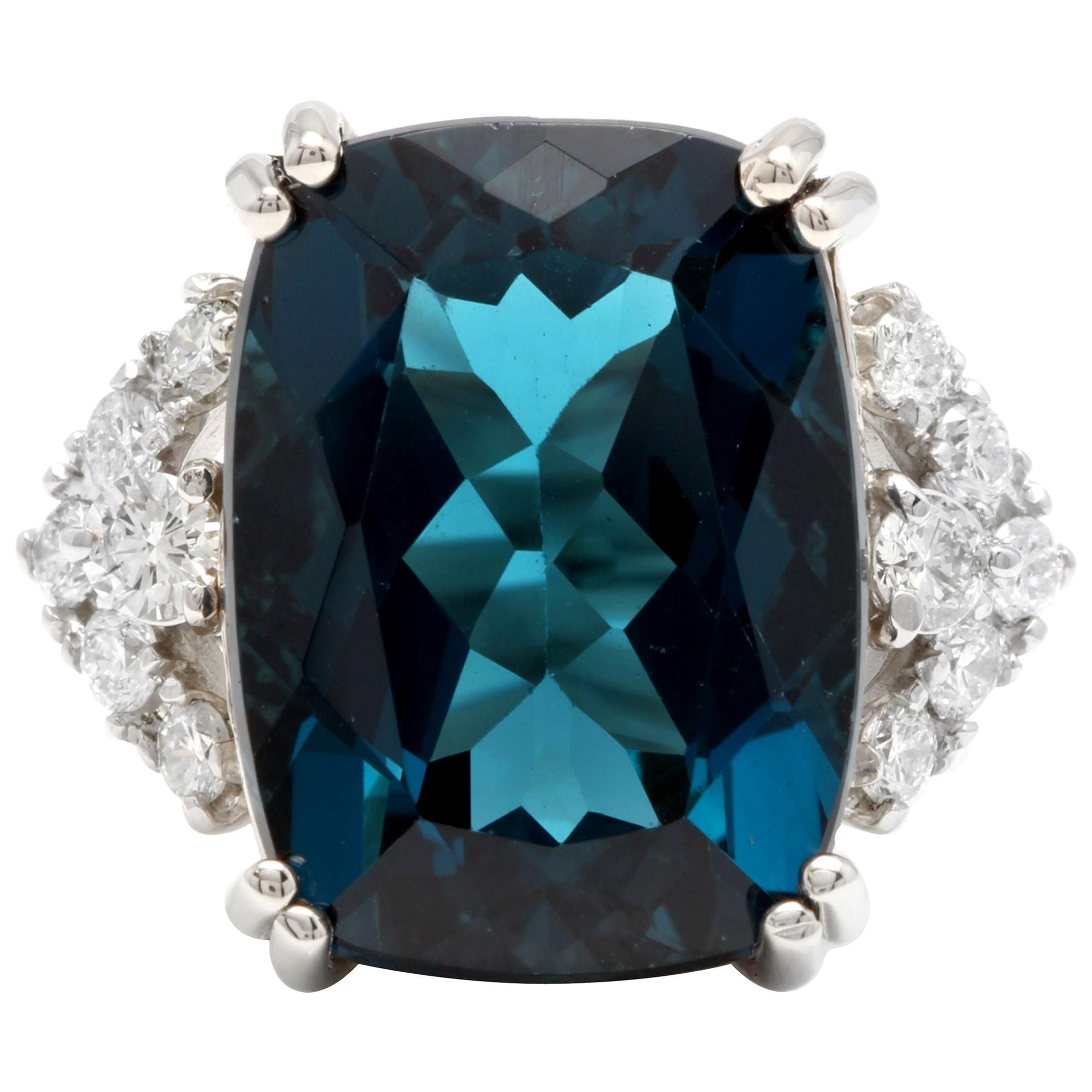 13.70 Carat Natural Impressive London Blue Topaz and Diamond 14k White Gold Ring For Sale