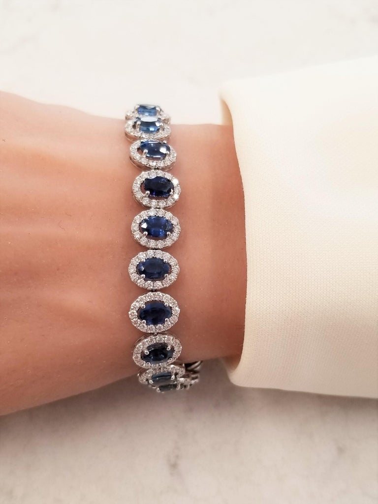 13.70 Carat Oval Blue Sapphire and Diamond Bracelet in 18 Karat White ...