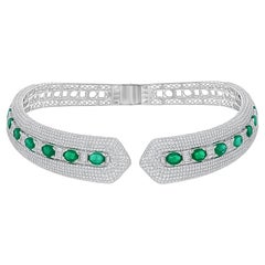 13.70 Carat Zambian Emerald Cuff Choker Necklace 19 Ct Diamond 14k White Gold