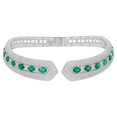 13.70 Carat Zambian Emerald Cuff Choker Necklace 19 Ct Diamond 18k White Gold