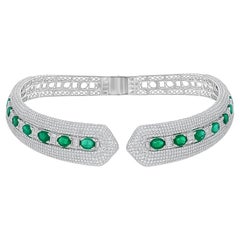 13.70 Carat Zambian Emerald Cuff Choker Necklace 19 Ct Diamond 18k White Gold