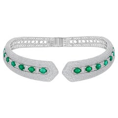 13.70 Carat Zambian Emerald Cuff Choker Necklace 19 Ct Diamond 18k White Gold