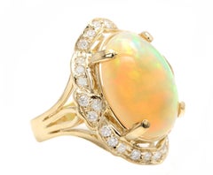13.70ct Natural Ethiopian Opal and Diamond 14k Solid Yellow Gold Ring