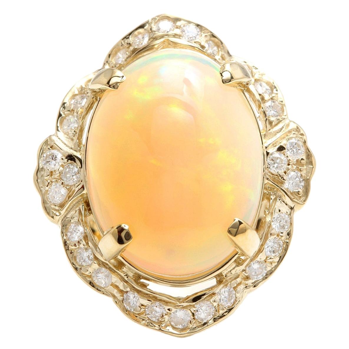 13.70ct Natural Ethiopian Opal and Diamond 14k Solid Yellow Gold Ring For Sale