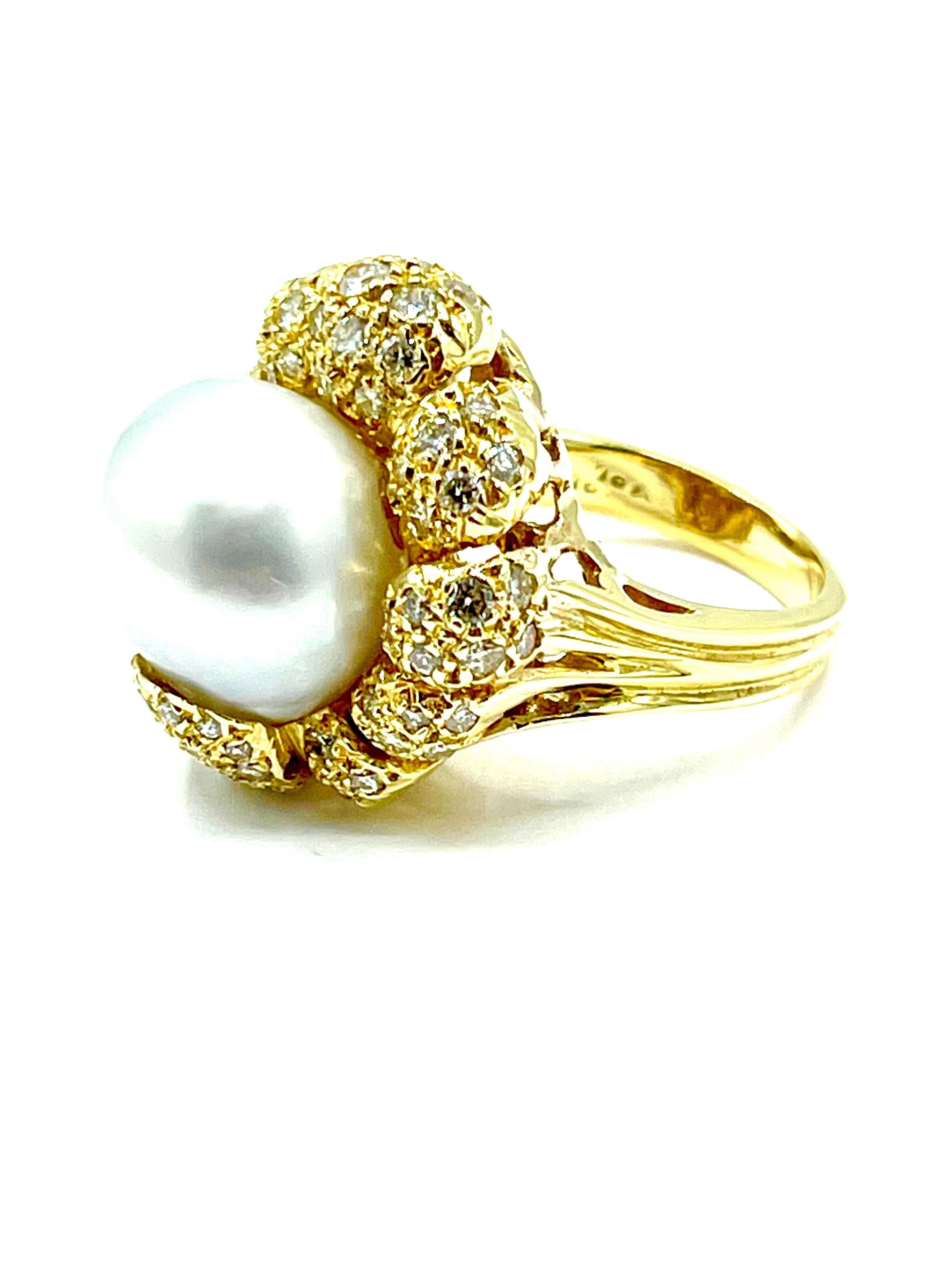 Round Cut South Sea Pearl and 1.00 Carat Round Brilliant Diamond Fashion Ring For Sale