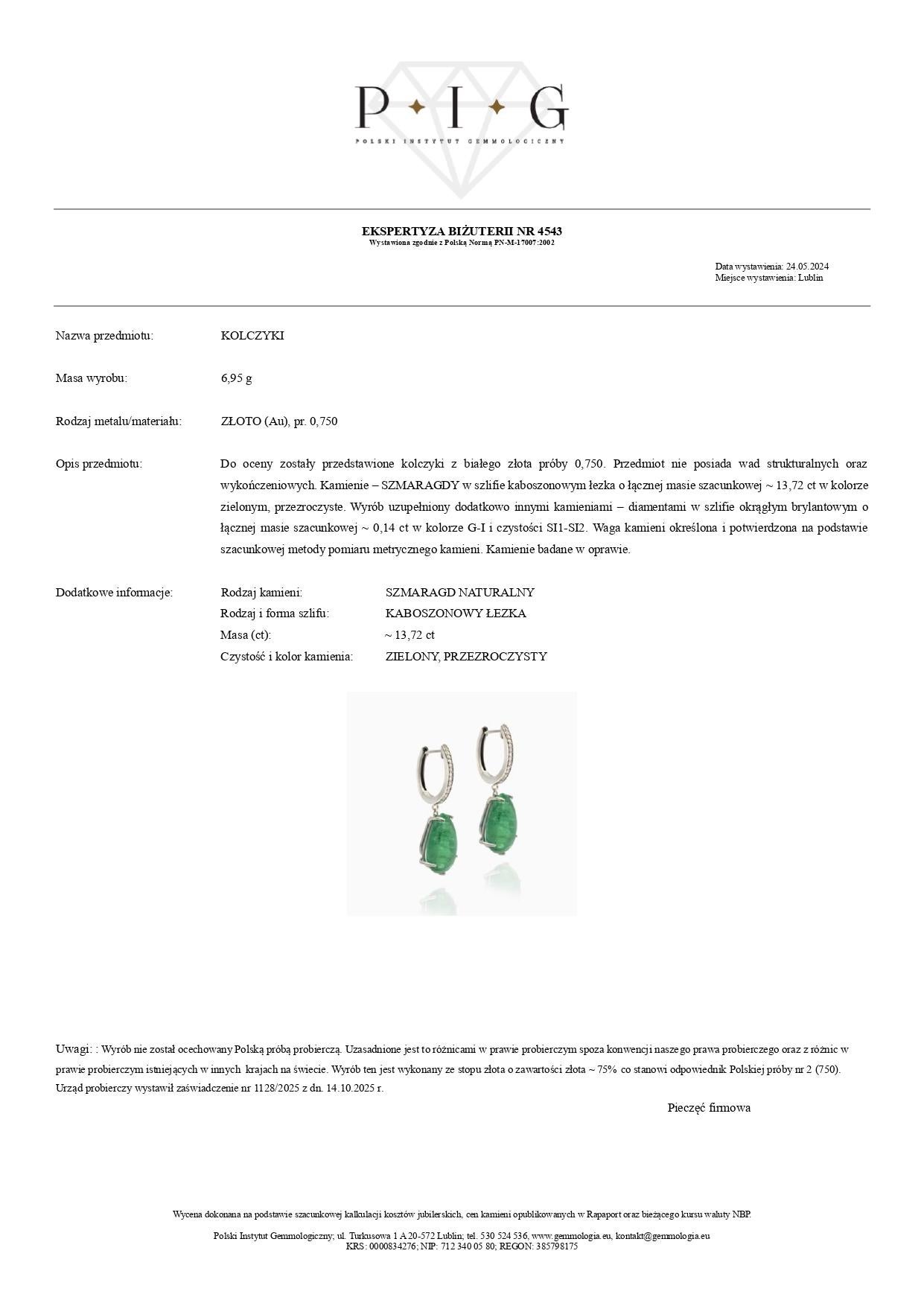 13,72 Karat Smaragd und 0,14 Karat Diamant-Tropfenohrringe aus 18 Karat Weißgold im Zustand „Neu“ im Angebot in Warszawa, PL