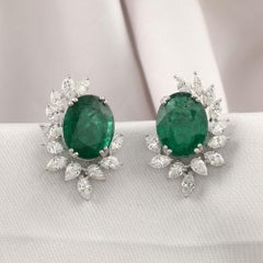 13.72 Carat Zambian Emerald 3.04 Carat SI/H Diamond Earrings 18 Karat White Gold