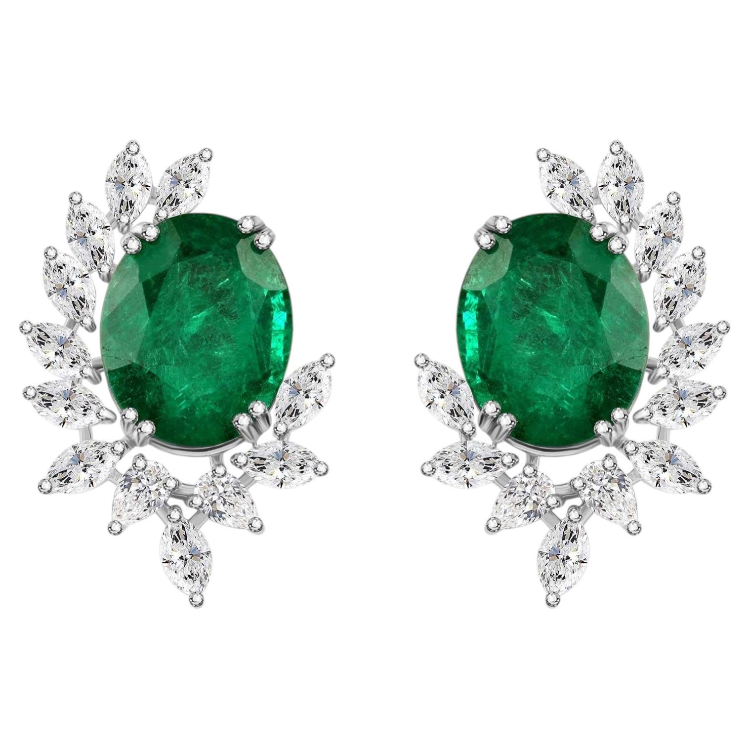13.72 Carat Zambian Emerald 3.04 Carat SI/H Diamond Earrings 18 Karat White Gold