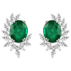 13.72 Carat Zambian Emerald 3.04 Carat SI/H Diamond Earrings 18 Karat White Gold