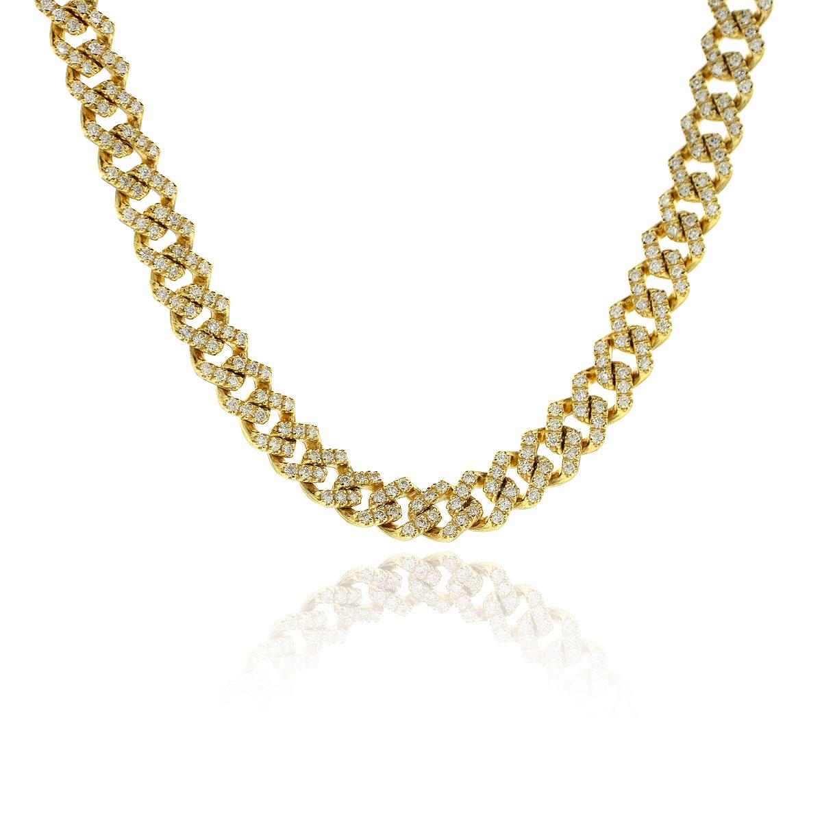 Style: 14k Yellow Gold 13.74ctw Diamond Pave Cuban Link Chain Necklace
Material: 14k Yellow Gold
Stone Details: Approx. 13.74ctw of round cut diamonds. Diamonds are G/H in color and VS in clarity
Weight: 78.5g (50.5dwt)
Measurements: 19