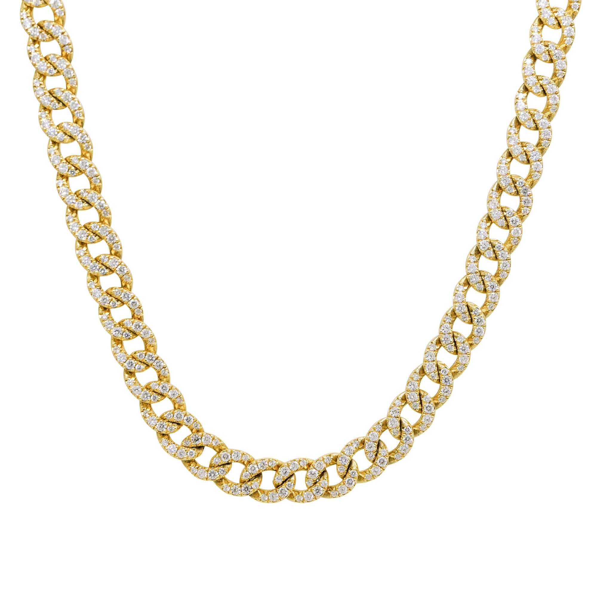 14k Gelbgold 13,74 Karat Diamant Pave Cuban Link Kette Halskette

Diese kubanische Gliederkette aus 14 Karat Gelbgold ist mit 13,74 Karat natürlichen, runden Brillanten besetzt. Die Halskette bietet außergewöhnliche Brillanz und kühne Eleganz, was