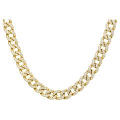Natural 13.74 Carat Diamond Pave Cuban Link Chain 14-Karat Necklace In Stock