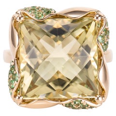 Bague fantaisie en quartz citron de 13,74 carats en or 18 carats avec tsavorite et diamant blanc