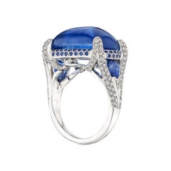 13.75 Carat Cushion Cabochon Unheated Blue Sapphire Diamond Platinum Ring