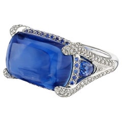 13.75 Carat Cushion Cabochon Unheated Blue Sapphire Diamond Platinum Ring