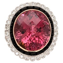 13.75 Carat Rubellite Diamond Onyx Platinum Ring Estate Fine Jewelry