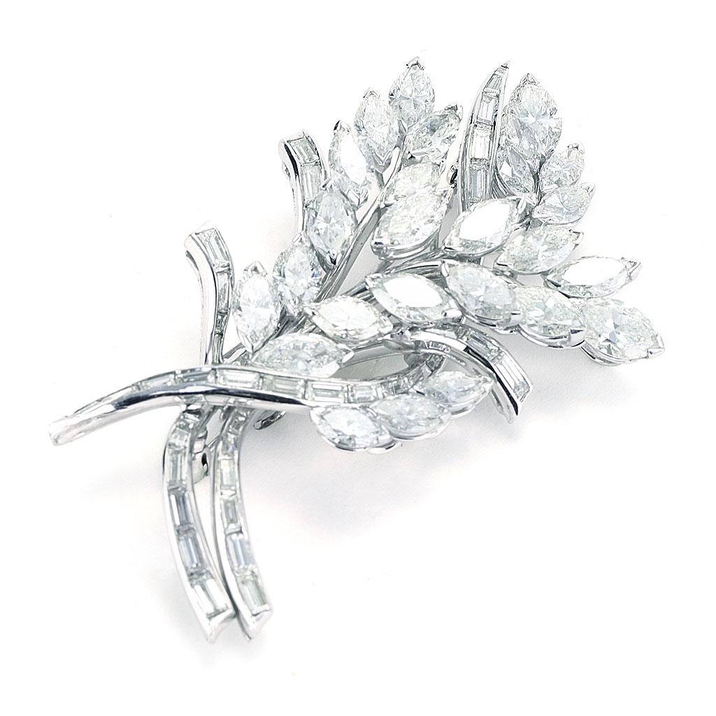 Art Deco 13.75 CTTW Vintage Leaf And Branch Marquise And Baguette Diamond Pin In Platinum For Sale