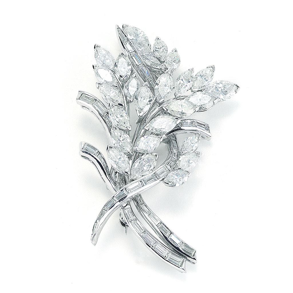 13.75 CTTW Vintage Leaf And Branch Marquise And Baguette Diamond Pin In Platinum In New Condition For Sale In Chicago, IL