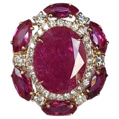 13.76 carats, natural Mozambique Ruby & Diamonds Cocktail / Engagement Ring