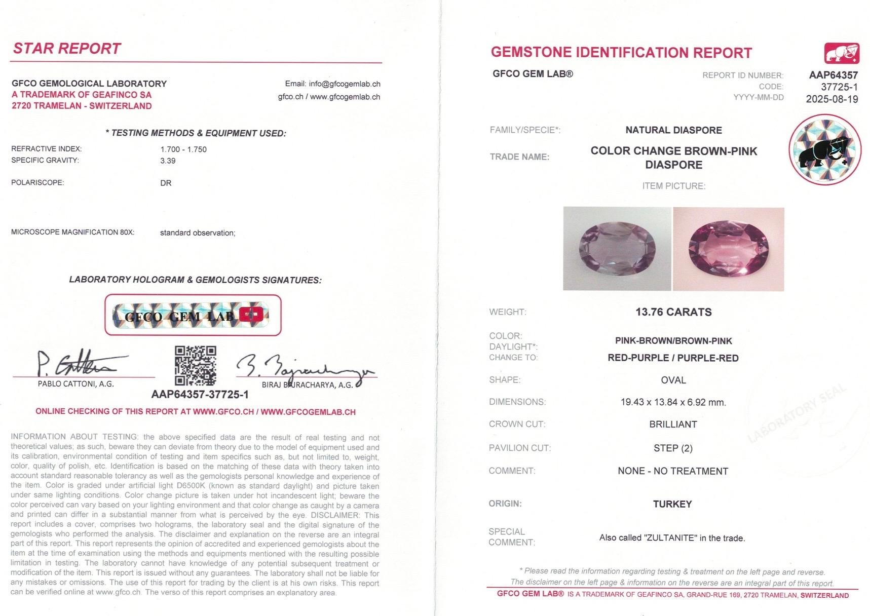 13,76 Ct Dimensioni rare Nature Zultanite Diaspore loop Pulito colore cambia in rosso in vendita 9