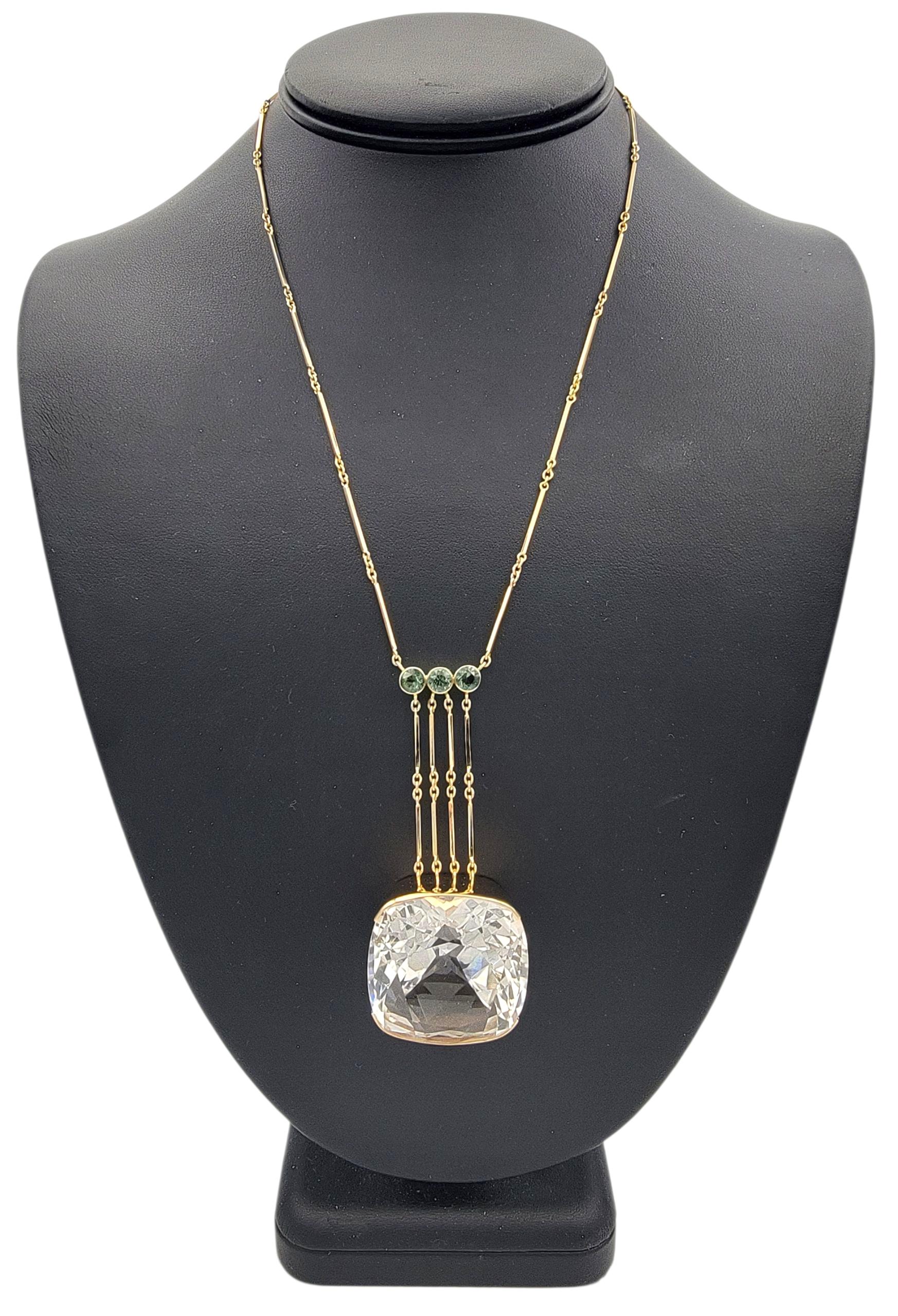 137.64 Carat Square Cushion Rock Crystal Quartz Necklace with Green Tourmaline en vente 4