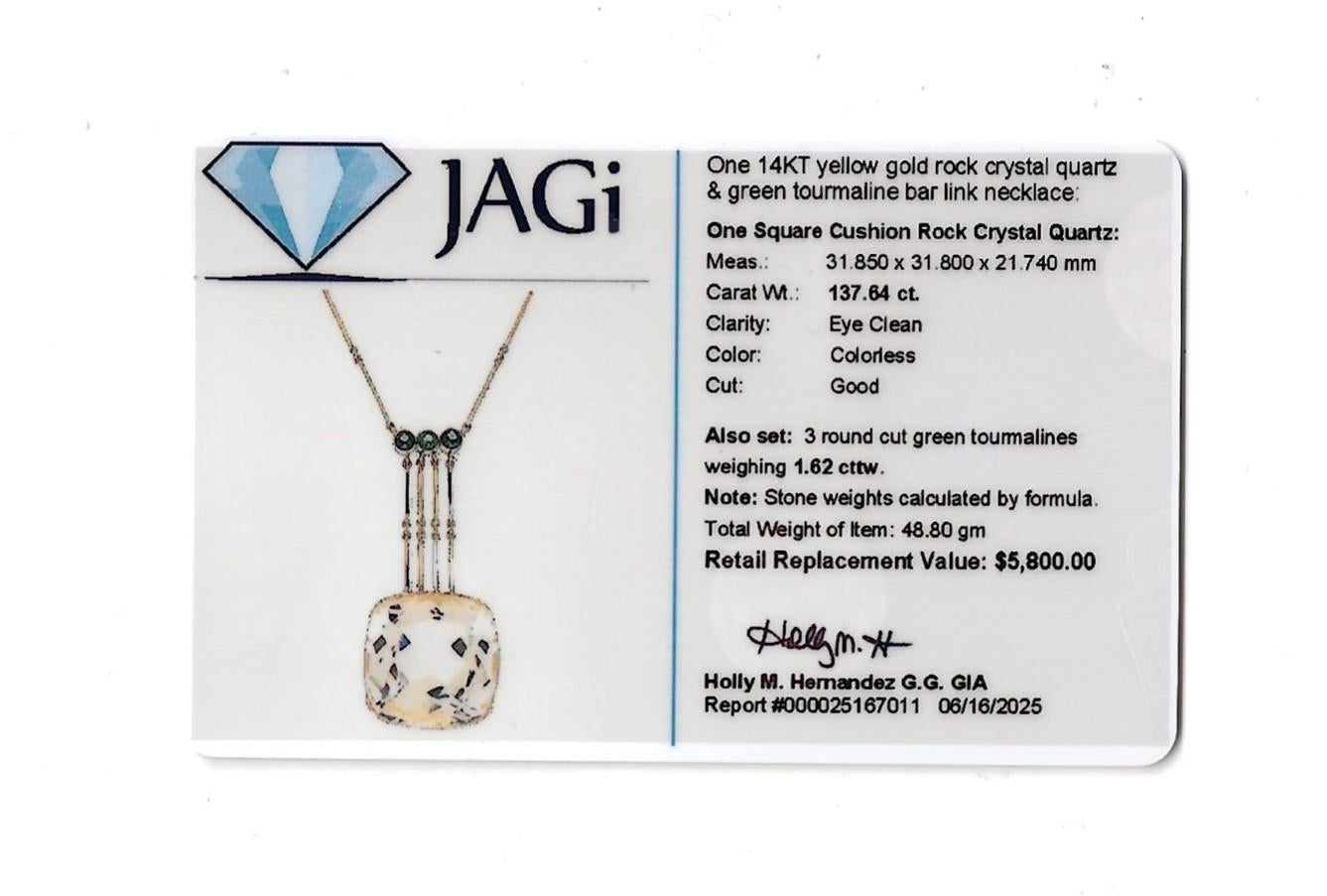 137.64 Carat Square Cushion Rock Crystal Quartz Necklace with Green Tourmaline en vente 5