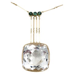 137.64 Carat Square Cushion Rock Crystal Quartz Necklace with Green Tourmaline