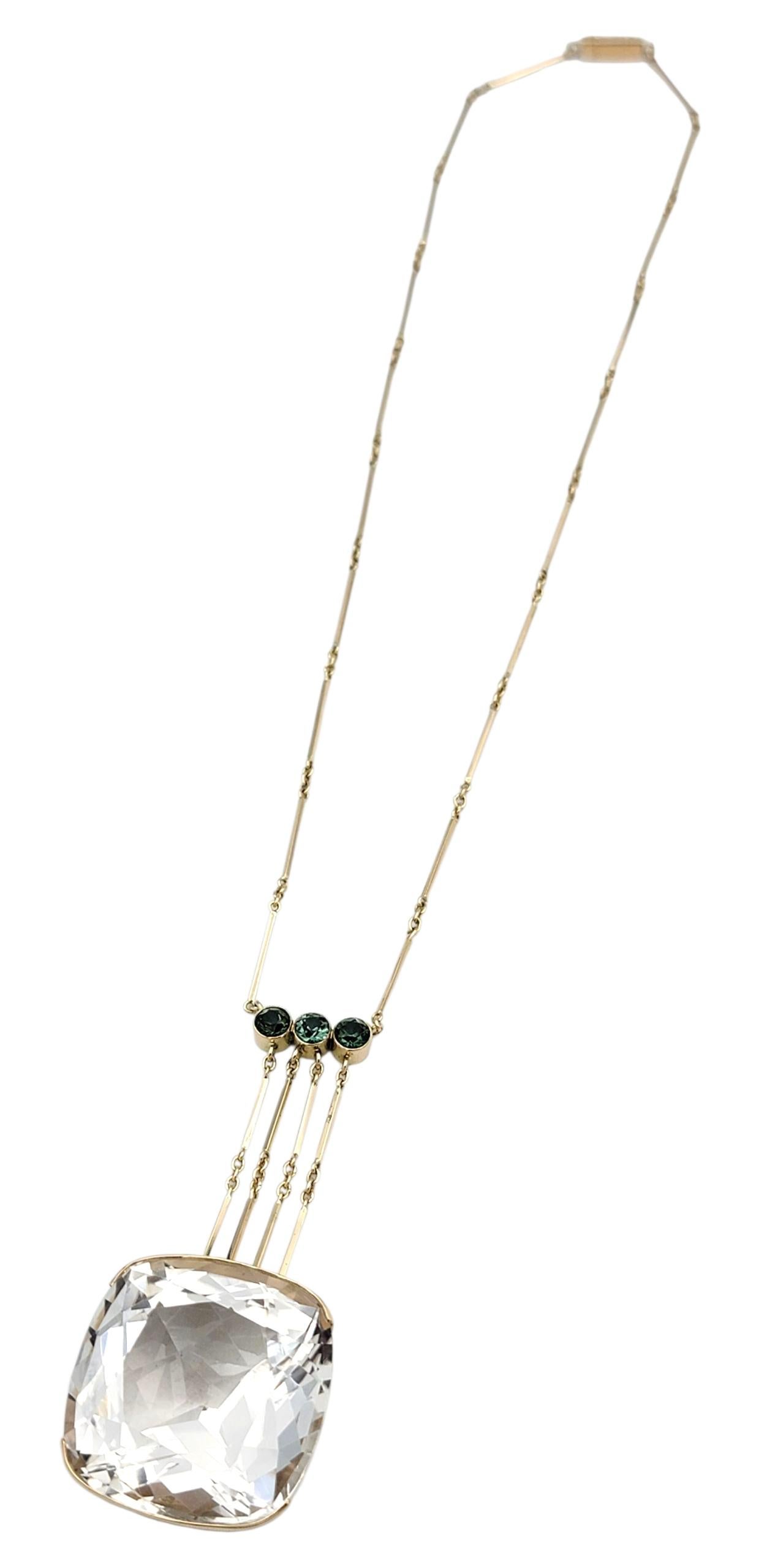 Contemporain 137.64 Carat Square Cushion Rock Crystal Quartz Necklace with Green Tourmaline en vente