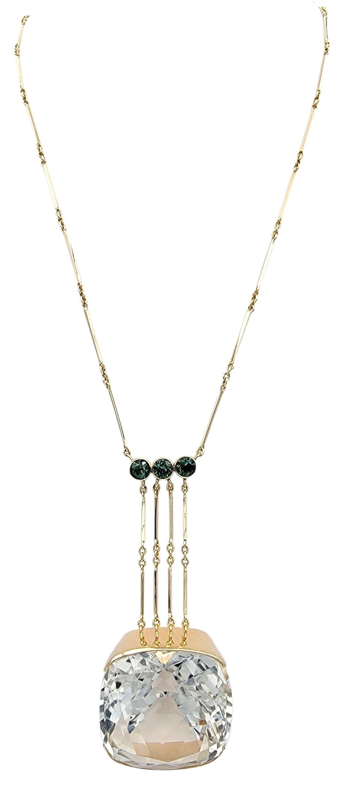 Taille coussin 137.64 Carat Square Cushion Rock Crystal Quartz Necklace with Green Tourmaline en vente
