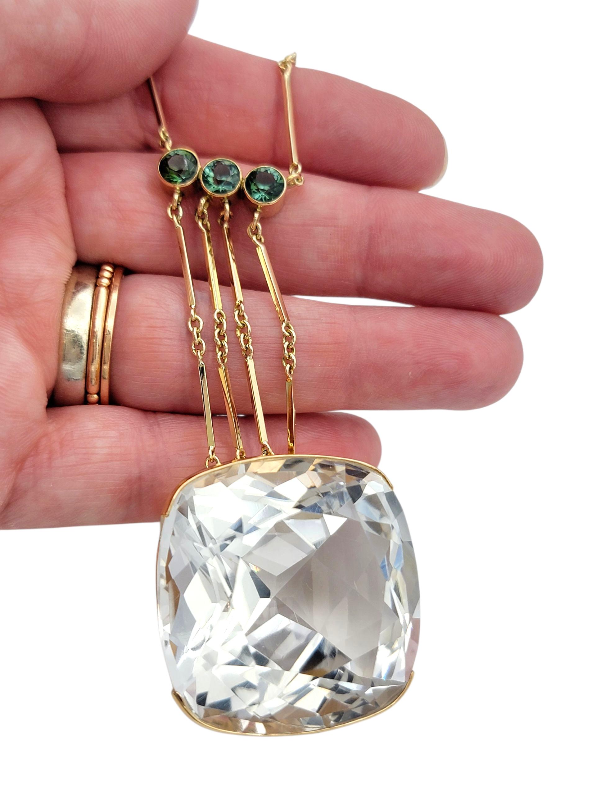 137.64 Carat Square Cushion Rock Crystal Quartz Necklace with Green Tourmaline en vente 3